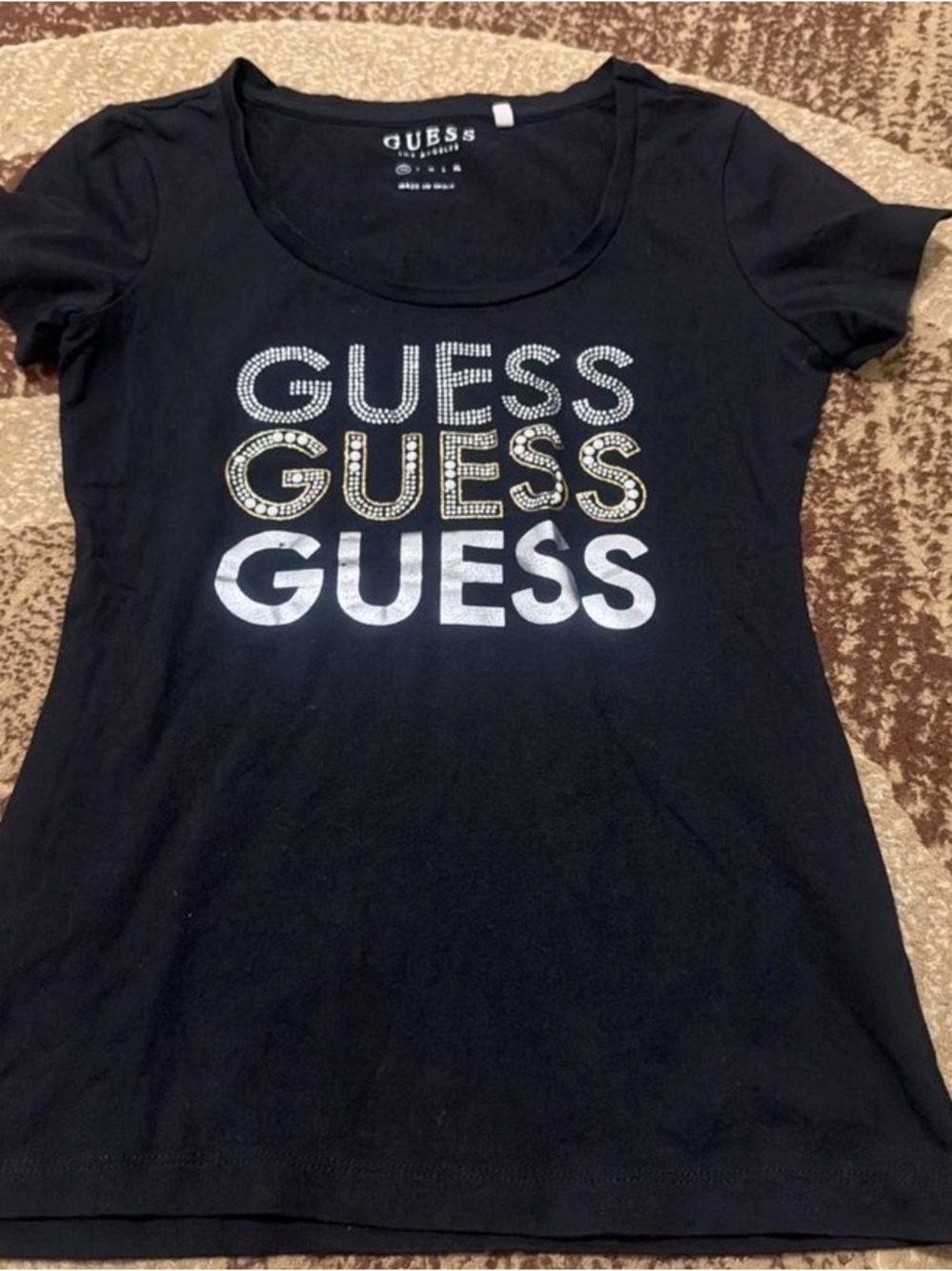 GUESS Black Short Sleeve Tee with Silver and Gold Logo Accents